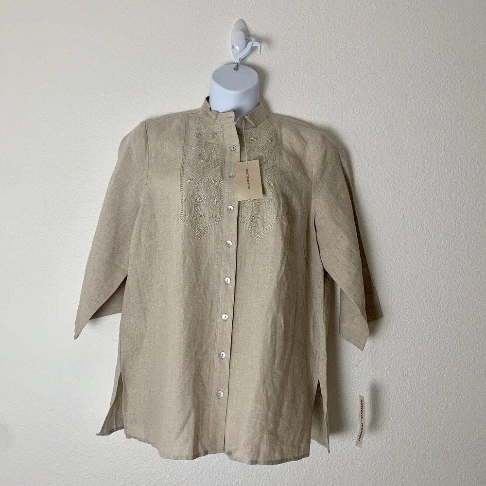 NWT EDWARD WOMAN Womens Top XL Irish Linen Embroidered Button-Up 3/4 Sleeve